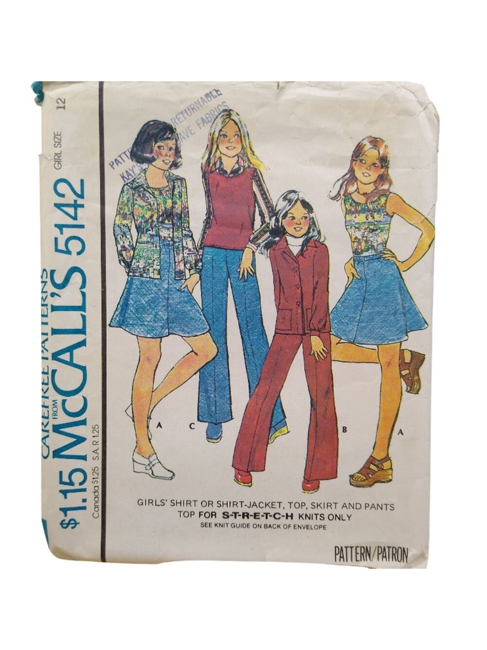 Vintage Sewing PATTERN McCalls 5142, Girls Carefree Stretch Knit 1976 Shirt